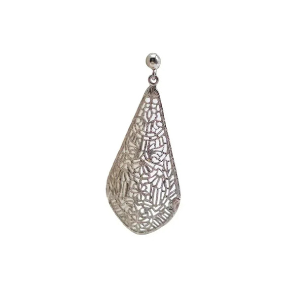 Teardrop Filigree Dangle Drop Earrings Silver Tone Vintage - Picture 2 of 4
